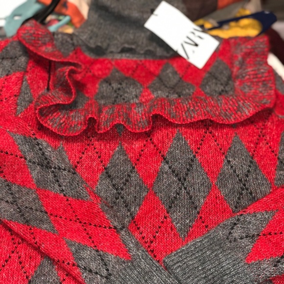 Zara Sweaters - Zara Red and Gray Argyle Turtleneck Sweater with Ruffle Detail